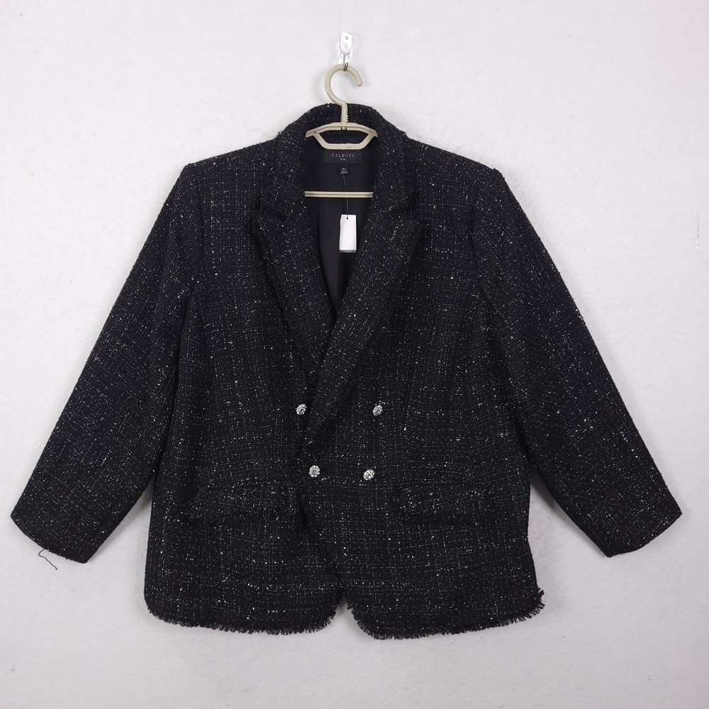 Talbots Tweed Blazer Womens 16W Black Metallic Double Breasted Fringe Crystal
